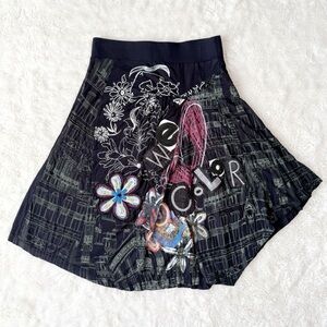 Y2K 90S Y2K Desigual Woman Black Patch Grunge Whimsigoth A-Line Skater Skirt XS